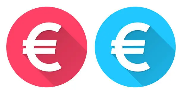 Vector illustration of Euro sign. Round icon with long shadow on red or blue background