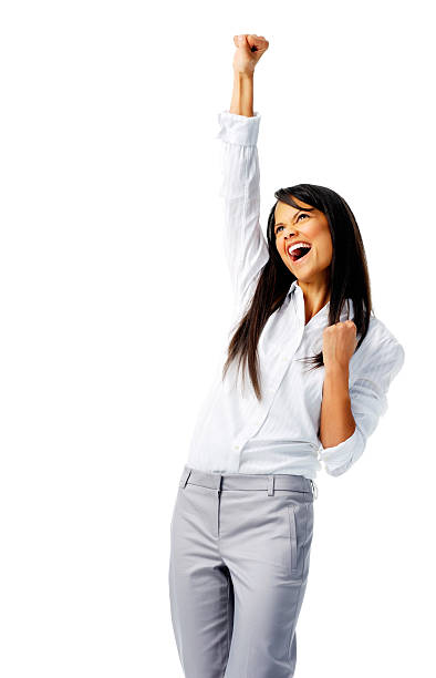Excited woman with air punch