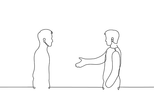 men stand opposite each other. one man extends his hand to another - one line art vector. concept reconcile first, go to a truce, agreement, acquaintance