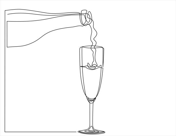 プロセッコガラスの連続一線画。グラスにワインを注ぐプロセス。ボトルからグラスにシャンパンを注ぎます。線画。引用テンプレートを使用したイラスト。 - martini glass wineglass wine bottle glass点のイラスト素材／クリップアート素材／マンガ素材／アイコン素材