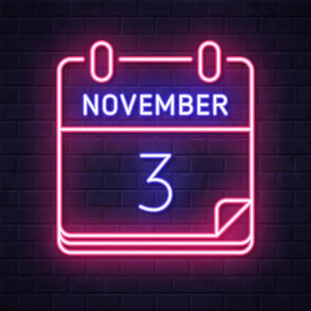 Vector illustration of November 3. Glowing neon icon on brick wall background