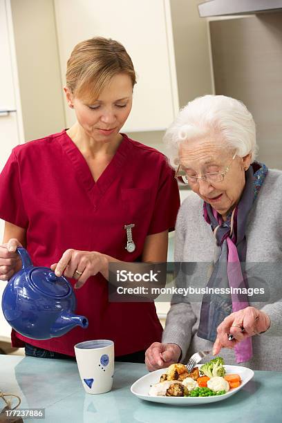 Senior Woman With Carer Eating Meal At Home Stock Photo - Download Image Now - Assistance, Nurse, Old