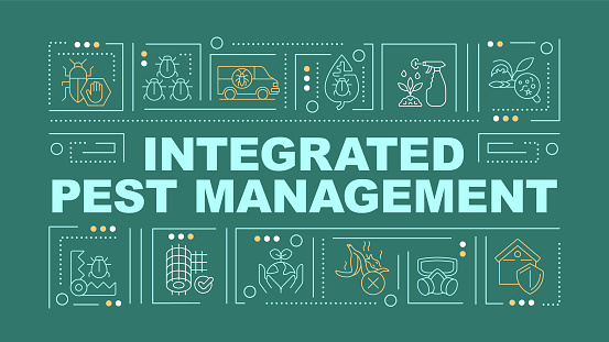 2D integrated pest management text with various thin line icons concept on dark green monochromatic background, editable 2D vector illustration.