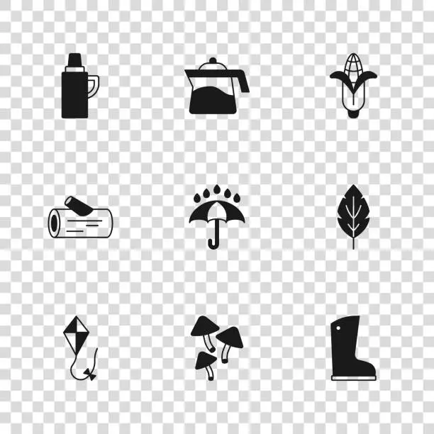 Vector illustration of Set Mushroom, Leaf, Waterproof rubber boot, Umbrella and rain drops, Corn, Thermos container, Teapot and Wooden log icon. Vector