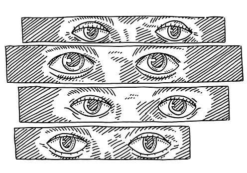 Hand-drawn vector drawing of four Stripes Of Pairs Of Eyes, Thriller Concept. Black-and-White sketch on a transparent background (.eps-file). Included files are EPS (v10) and Hi-Res JPG.