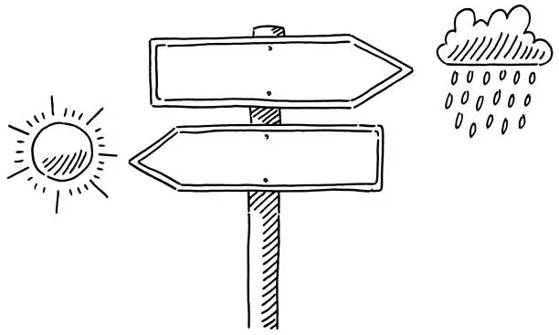 Vector illustration of Blank Direction Sign Sun Rain Drawing