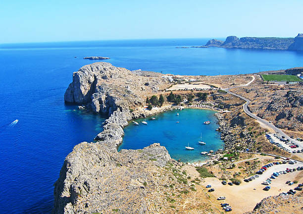 istock Aerial view on St. Paul's bay in Lindos (Rhodes island) 177238535