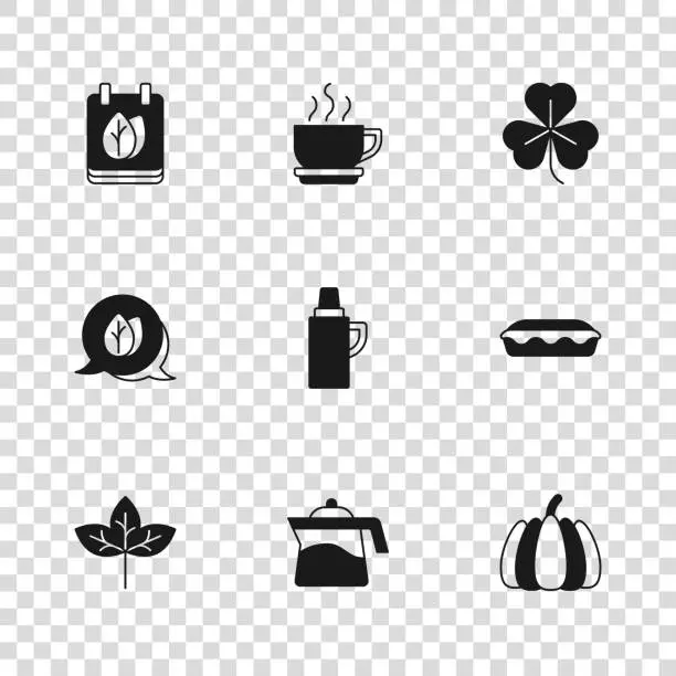 Vector illustration of Set Teapot, Homemade pie, Pumpkin, Thermos container, Clover, Calendar with autumn leaves, Coffee cup and Leaf icon. Vector