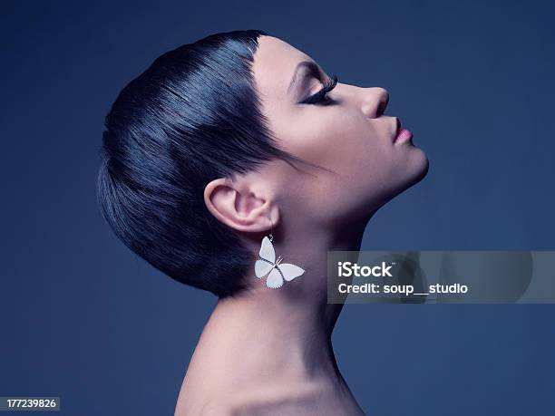 Sensual Lady With Earringbutterfly Stock Photo - Download Image Now - Women, Short Hair, Butterfly - Insect