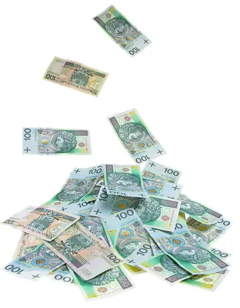 A Polish money 100 zlotys rain