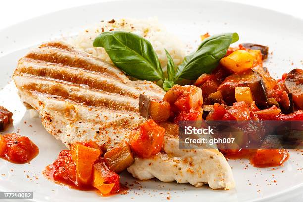 Grilled Meat And Vegetables Stock Photo - Download Image Now - Basil, Carrot, Chicken Breast