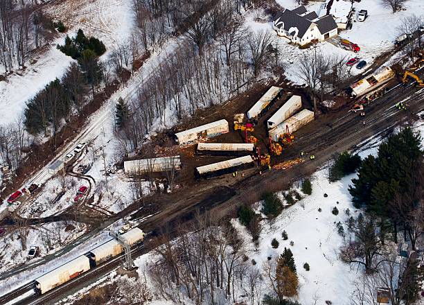 Train Crash in a Small Town "A train carrying oranges derailed in Greenwich, Ohio." derail stock pictures, royalty-free photos & images