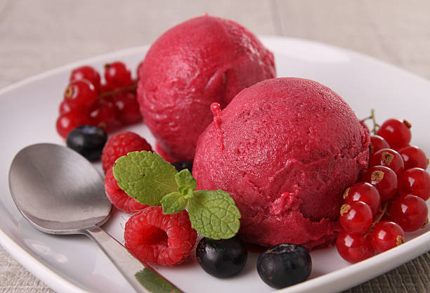 istock Sorbet on white plate with berries and spoon 177241236