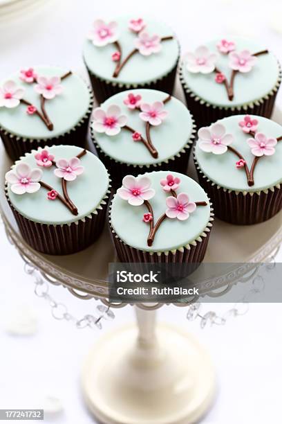 Cherry Blossom Cupcakes Stock Photo - Download Image Now - Baked, Baking, Blue