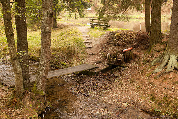 ruisseau de forêt et étang - bench forest pond autumn photos et images de collection