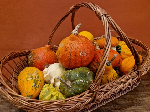 Basket of pumpkins in close up