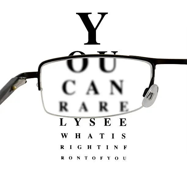 "Left lense of eyeglass held in front of a funny eyetest chart. Eyetest in background is sharp while vision through lens is blurred. Half frame eyeglass shows template, lens, hinge, bridge and nosepad of glasses."