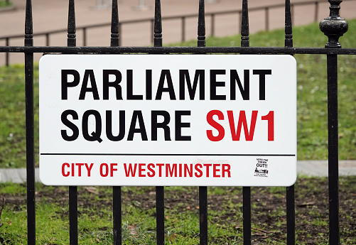 London, UK - March 15, 2023: Parliament Square road sign in Westminster, London, UK.