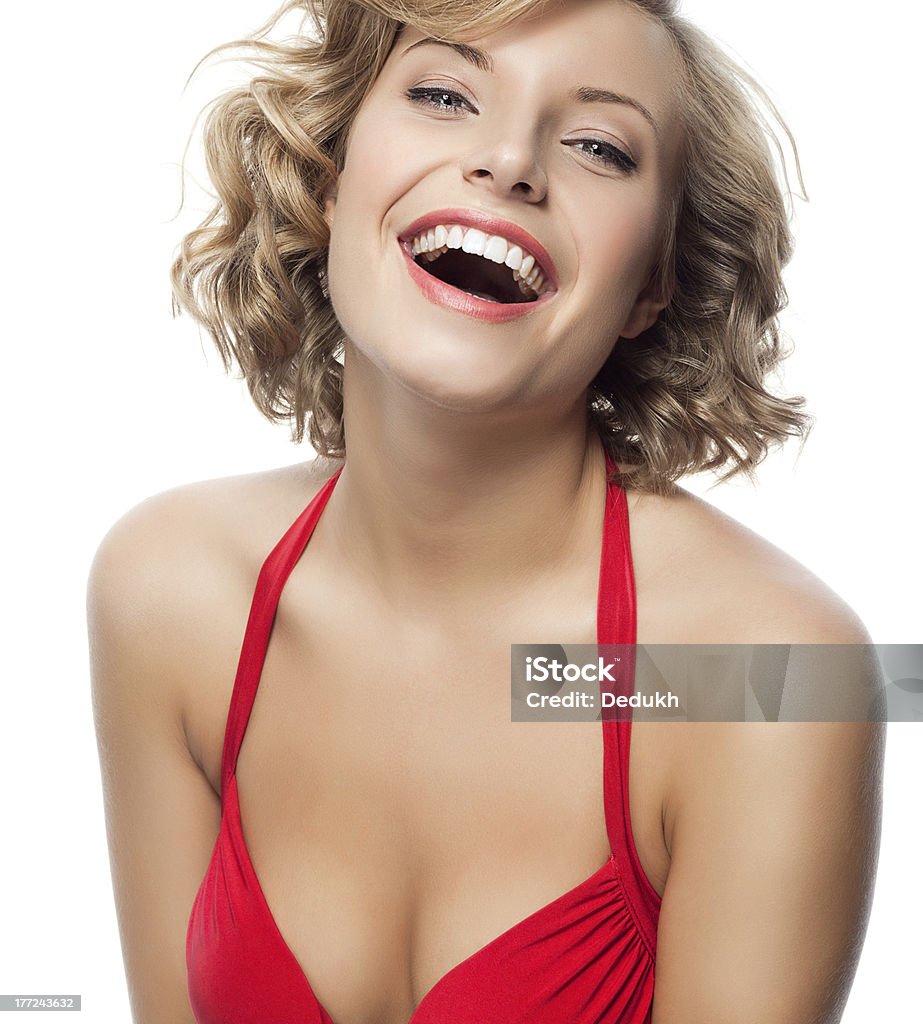 woman beauty portrait of attractive  caucasian smiling woman blond isolated on white studio shot face toothy smile skin looking at camera Adult Stock Photo