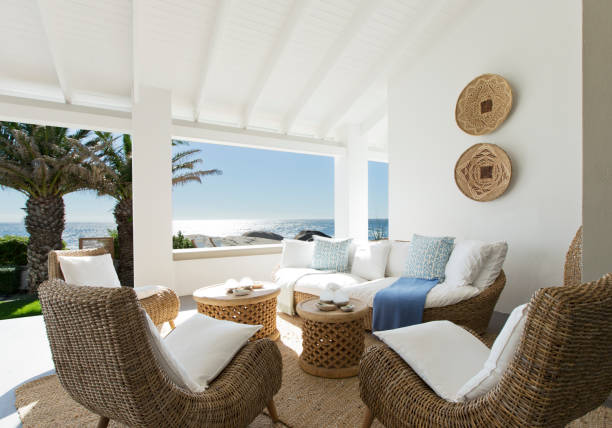istock Wicker sofa and chairs on luxury patio 177243678
