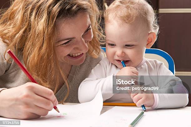 Mother And Daughter Drawing Stock Photo - Download Image Now - 12-17 Months, Activity, Adult