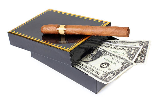 Cigar and money Color photo of an expensive cigar and paper money cigar and money stock pictures, royalty-free photos & images