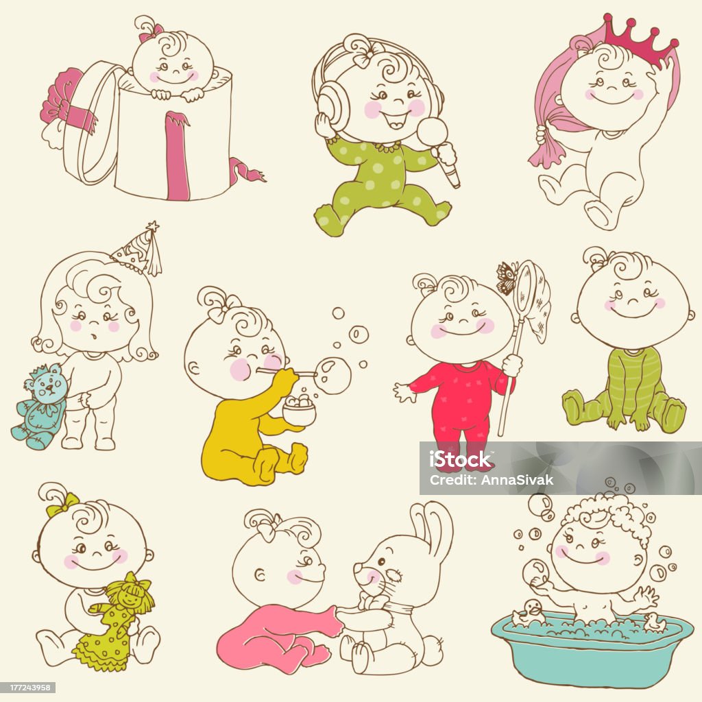 Doodled historieta niñas bebés - arte vectorial de Bañera libre de derechos