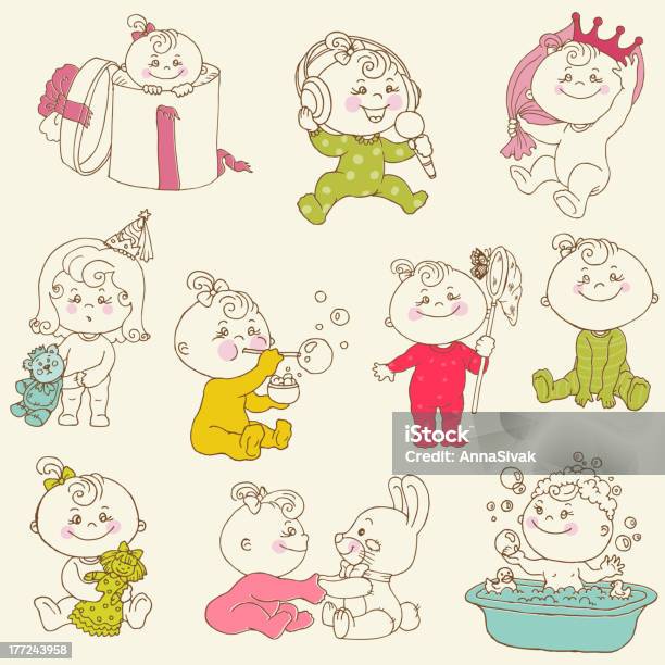 Ilustración de Doodled Historieta Niñas Bebés y más Vectores Libres de Derechos de Bañera - Bañera, Bebé, Caja