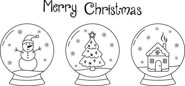 Vector illustration of Set of glass snow globes isolated on white background. Christmas toys decorated with various winter designs inside. Vector hand-drawn illustration in doodle style. Perfect for holiday designs, cards.