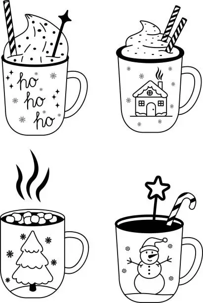 Vector illustration of Christmas set of hot drinks in beautiful mugs. A hand-drawn Christmas sketch.  Festive cocoa with marshmallows, a cup of hot chocolate or winter coffee. Vector illustration.