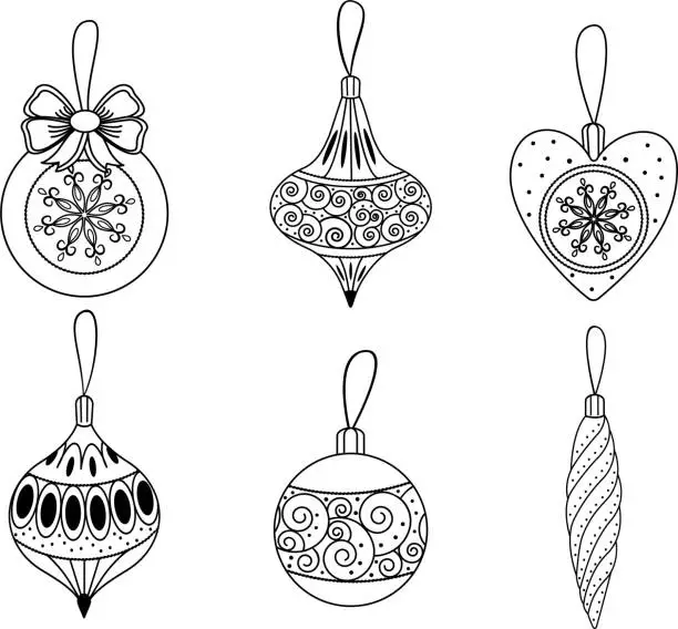 Vector illustration of A set of Christmas toys with a beautiful ornament. New Year's holiday garlands, toys made of Christmas balls, snowflakes.A hand-drawn sketch. Christmas toys for the Christmas tree.Vector illustration