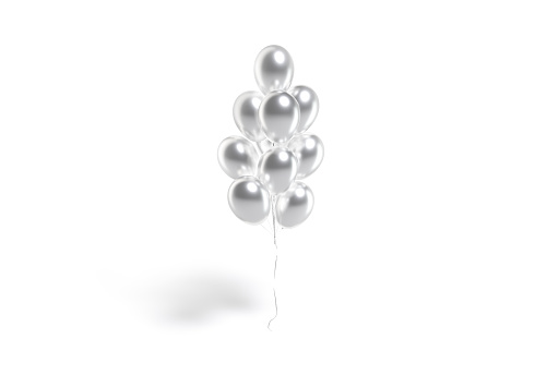 Blank silver round balloon bouquet mockup, front view, 3d rendering. Empty metallic mylar bunch composition mock up, isolated. Clear tapered ball column or decoration garland template.