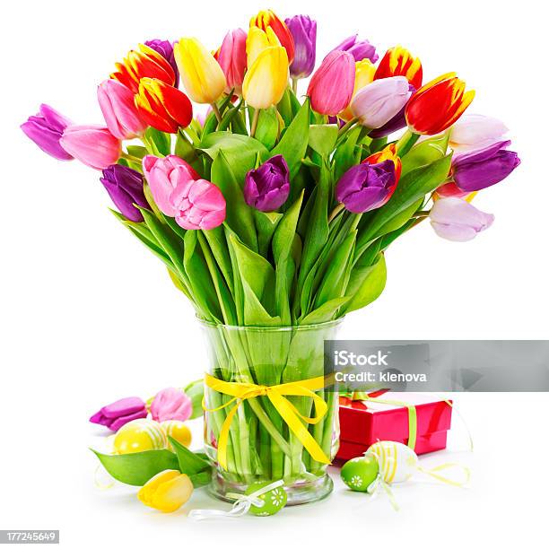 Spring Tulips With Easter Eggs Stock Photo - Download Image Now - Blossom, Bouquet, Box - Container