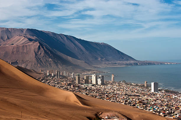 Aerial view of Iquique among sand dunes in Northern Chili Iquique is a port city and commune in northern Chile, capital of both the Iquique Province and Tarapacá Region. It lies on the Pacific coast, west of the Atacama Desert and the Pampa del Tamarugal atacama desert photos stock pictures, royalty-free photos & images