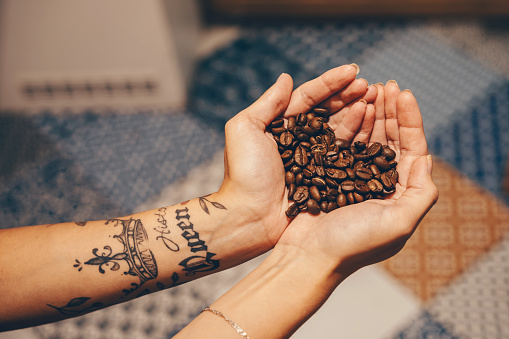 Roasted aromatic coffee beans in shape of heart in palms of barista girl with tattoo on her arms in a coffee shop. Woman's hands holding freshly coffee beans.