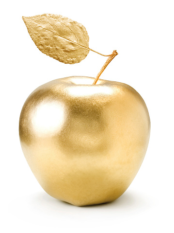 Gold apple isolated on white background.