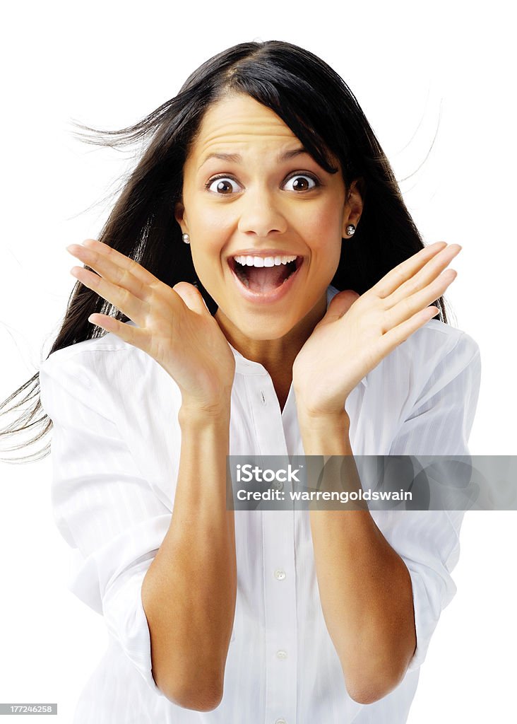 Excited ethnic woman Beautiful mixed race businesswoman smiling with open mouth and open palms Adult Stock Photo