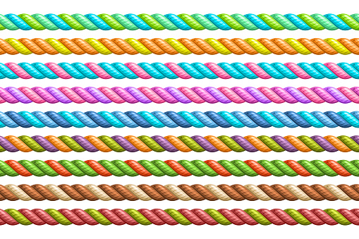 Vector Seamless Rope Set, group of illustration horizontal decorative multicolored long ropes, collection of many various repeating plastic ropes on white background