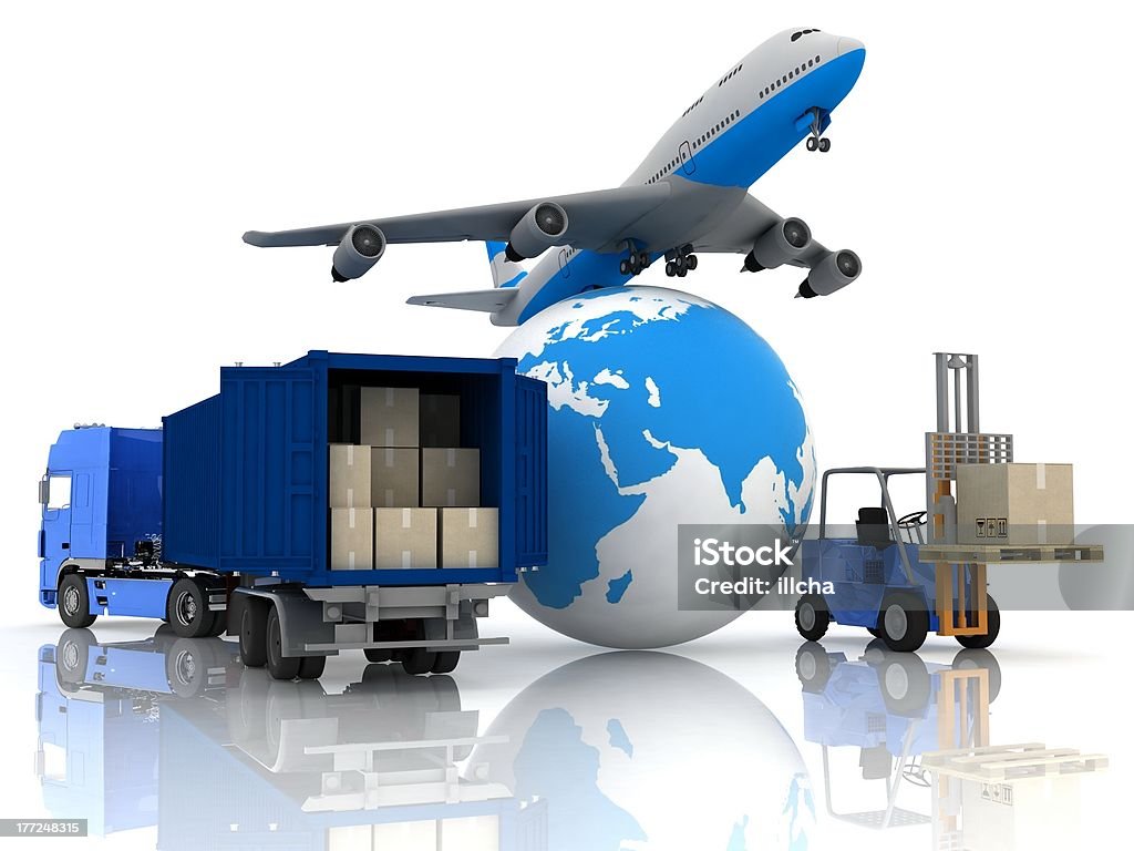 airliner with a globe and autoloader airliner with a globe and autoloader with boxes in a container Freight Transportation Stock Photo