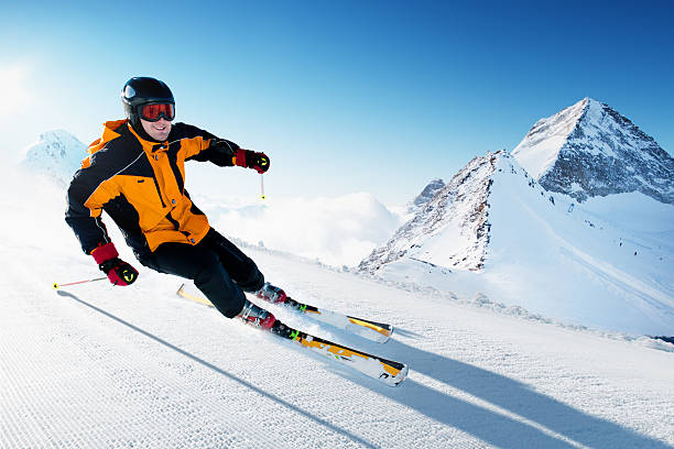 istock Skier in mountains, prepared piste and sunny day 177249430