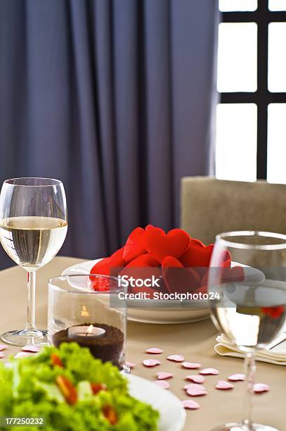 Inside Interior Table Setting With Beautiful Salad Stock Photo - Download Image Now - Alcohol - Drink, Architectural Feature, Candle