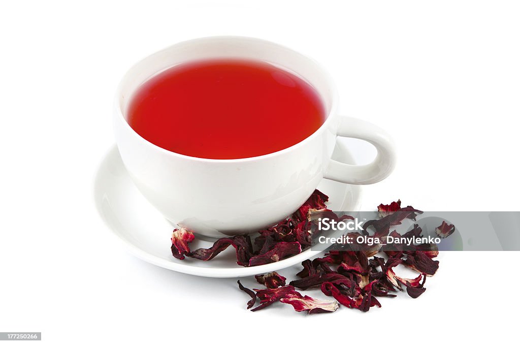 Hibiscus Flower Herbal Tea leaves on white background Afternoon Tea Stock Photo