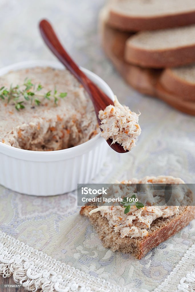 Chicken pate "Chicken pate (rillettes) and rustic bread, selective focus" Appetizer Stock Photo