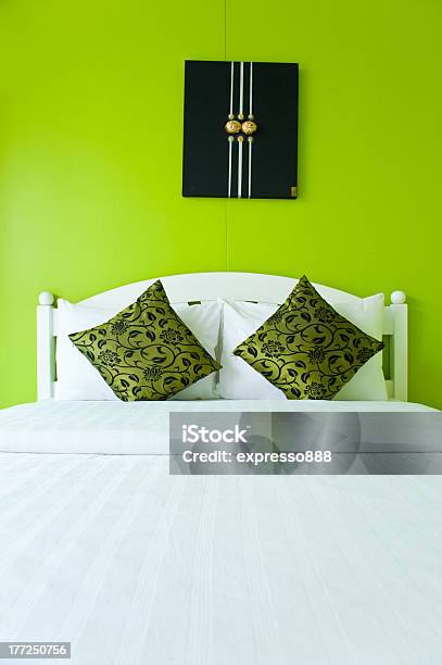 Green Bedroom In A Modern House Home Interiors Stock Photo - Download Image Now - Apartment, Art, Arts Culture and Entertainment