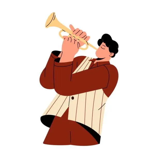 Vector illustration of Professional musician blowing in golden horn. Young man performs on wind instrument. Blues performer plays trumpet solo. Jazz performance. Orchestral class. Flat isolated vector illustration on white