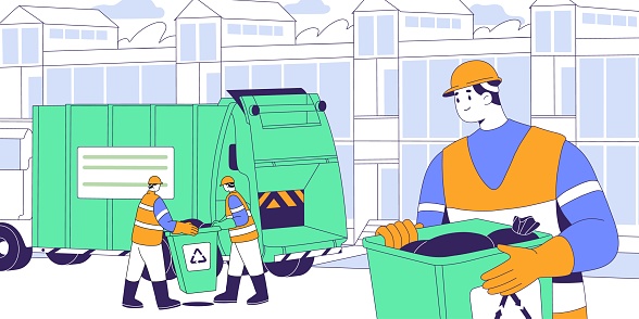 Garbage truck collects waste. Municipal workers clean city street. Sanitation service car for rubbish. Trash collectors with dumpsters, dump containers. Recycle junk. Flat vector illustration.