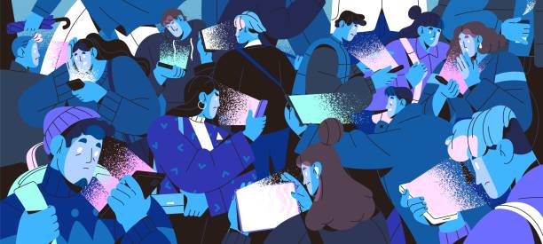 Crowd on mobile phones. Sad, shocked people reading bad news. Many persons scrolling social media, surfing internet in smartphones. Cellphones addiction problems. Monochrome flat vector illustration Crowd on mobile phones. Sad, shocked people reading bad news. Many persons scrolling social media, surfing internet in smartphones. Cellphones addiction problems. Monochrome flat vector illustration. junkie stock illustrations