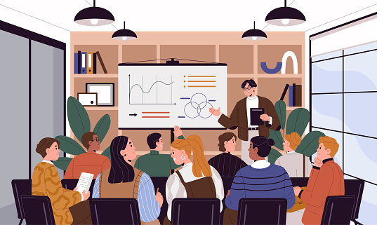 Business training in company. Speaker, mentor near board teach office personnel. Professional coach on leadership lecture, conference. Students group study on seminar. Flat vector illustration.