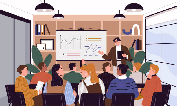 Business training in company. Speaker, mentor near board teach office personnel. Professional coach on leadership lecture, conference. Students group study on seminar. Flat vector illustration Business training in company. Speaker, mentor near board teach office personnel. Professional coach on leadership lecture, conference. Students group study on seminar. Flat vector illustration. presentation speech stock illustrations