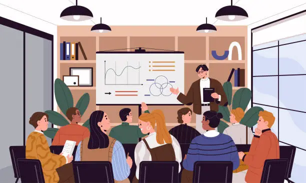 Vector illustration of Business training in company. Speaker, mentor near board teach office personnel. Professional coach on leadership lecture, conference. Students group study on seminar. Flat vector illustration